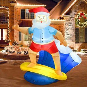 6FT Christmas Inflatables Surfing Santa Claus Inflatable with LED Lights Blow Up